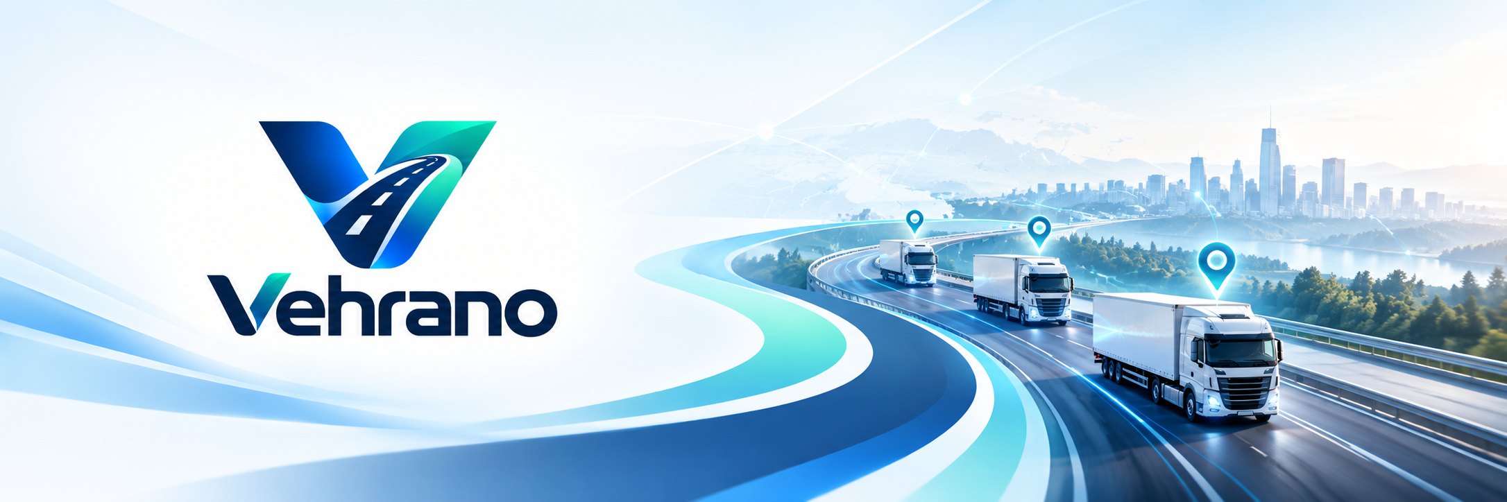 Vehrano: lorries on a motorway, each with a location pin, heading for the city