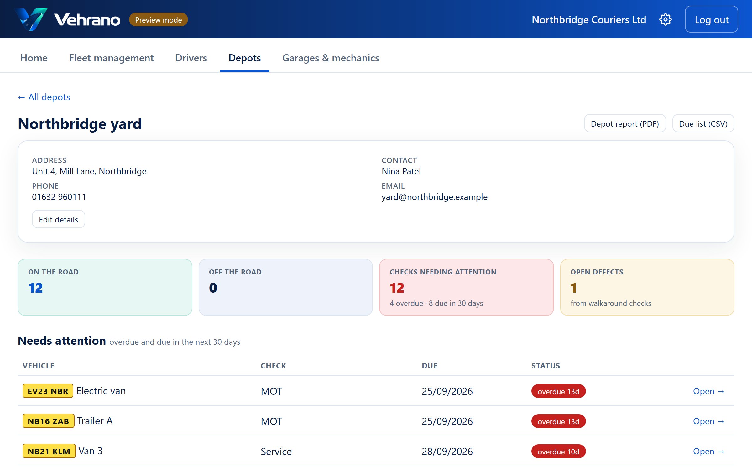 A depot page listing its vehicles, what is due and the logins limited to it