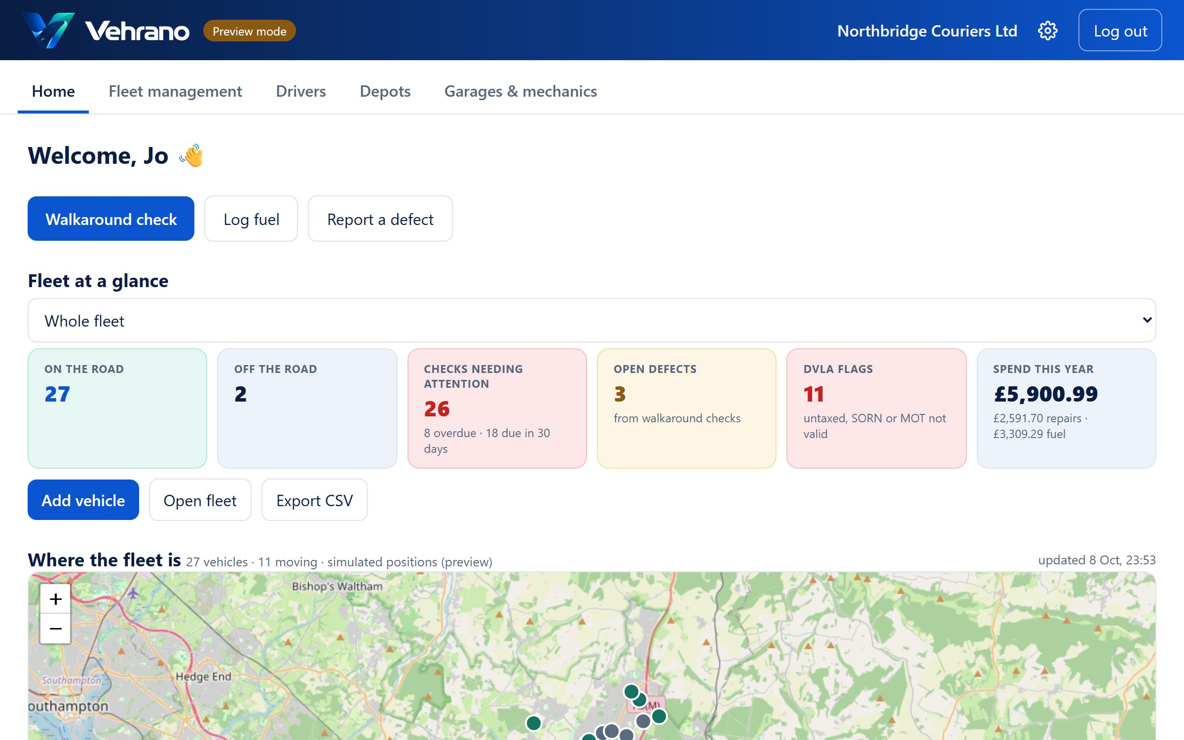 The Vehrano home screen: fleet at a glance, checks needing attention, the fleet on a map