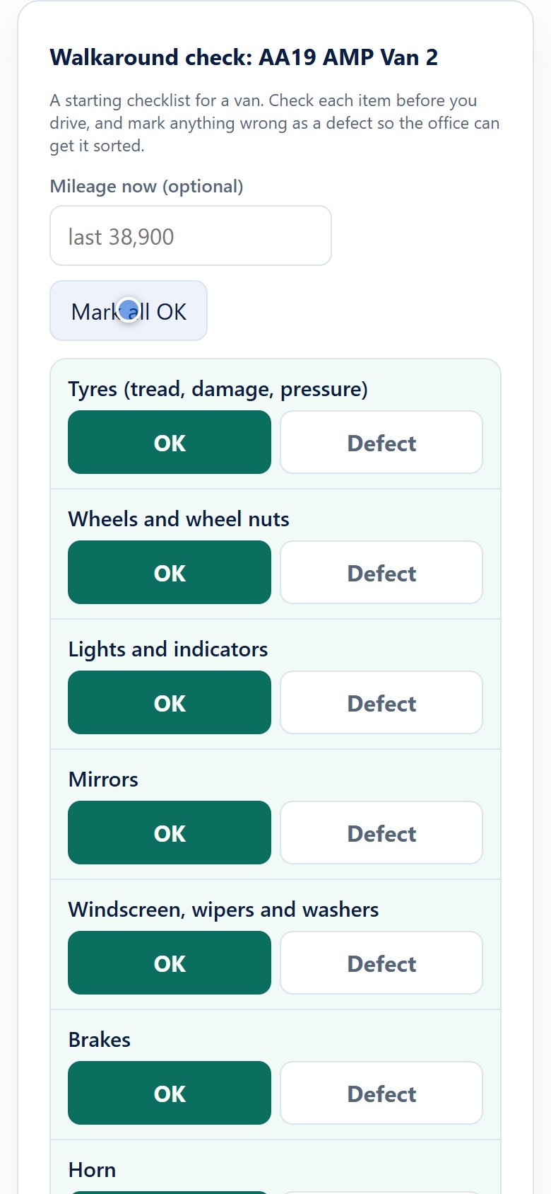 A walkaround checklist on a phone