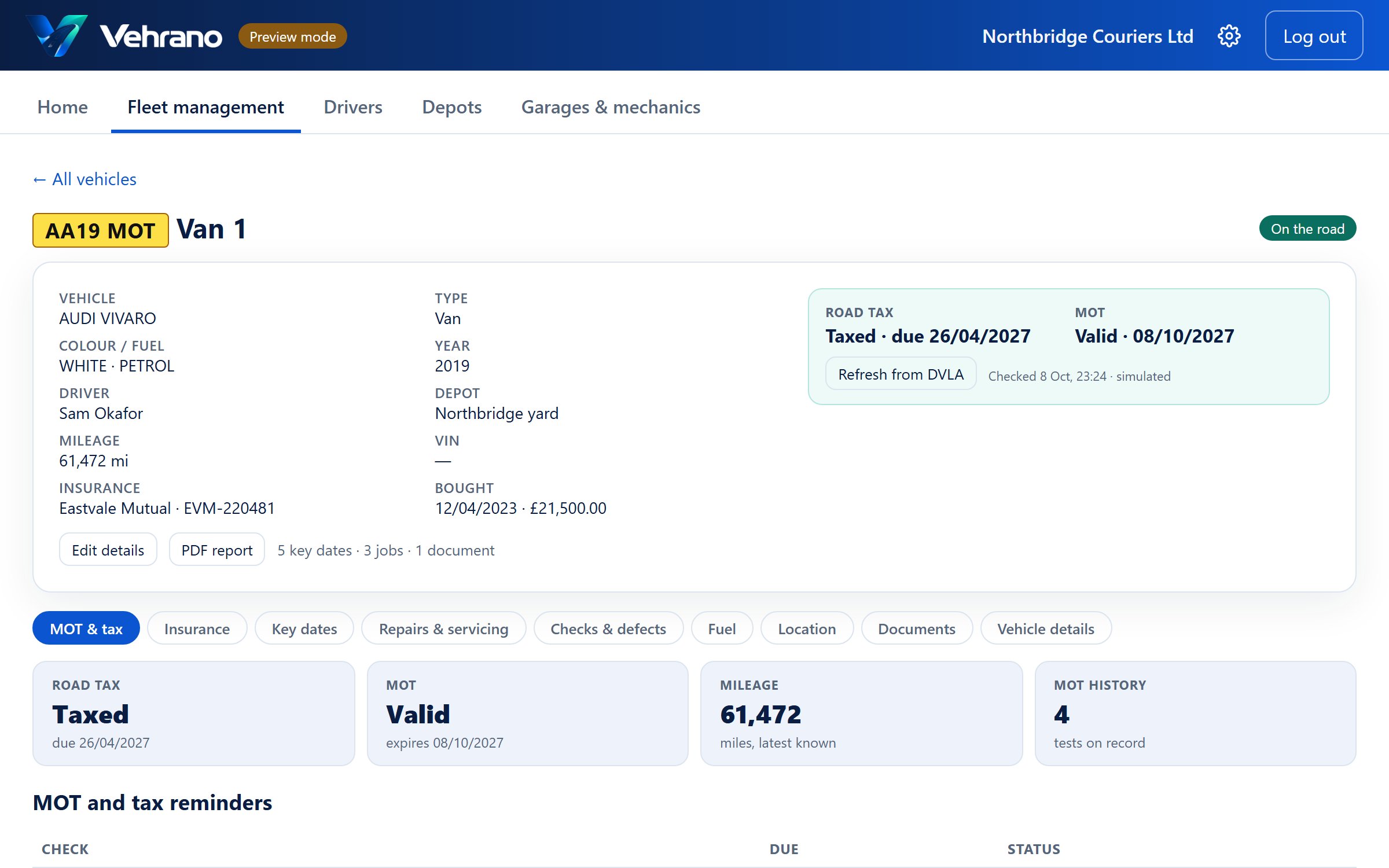 A vehicle page showing road tax, MOT, mileage, the MOT history and the reminders